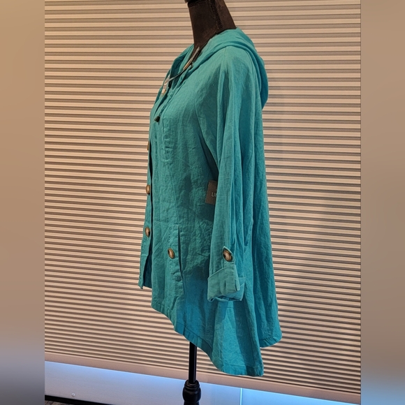 Super Cute Linen Teal Button-Up Hooded Jacket Size XL - Picture 2 of 15